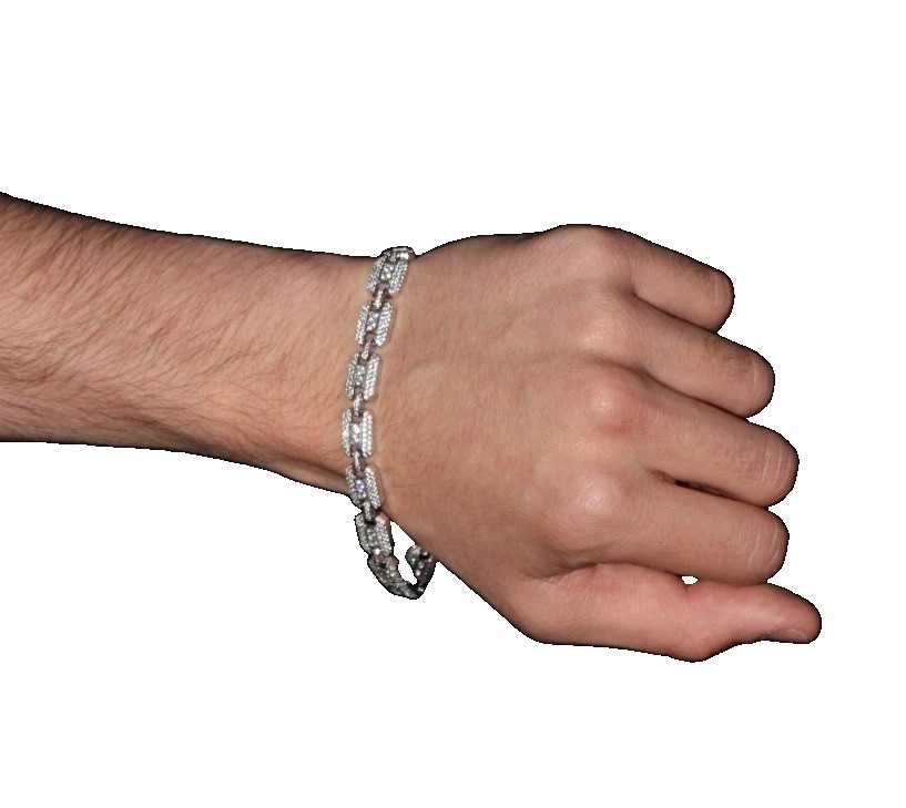 Rhodium Plated 925 Sterling Silver CZ Square Link Bracelet 8.8mm 8” Clear Stones