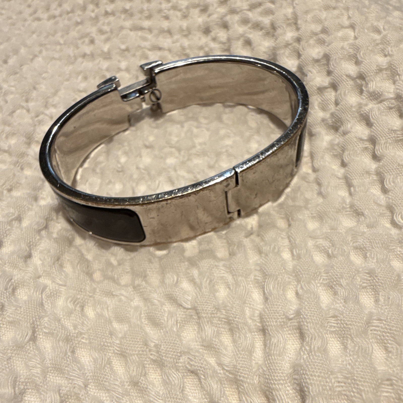 Hermès Signed Hinged Bangle Bracelet Silver Tone w/ Black Enamel Inlay France