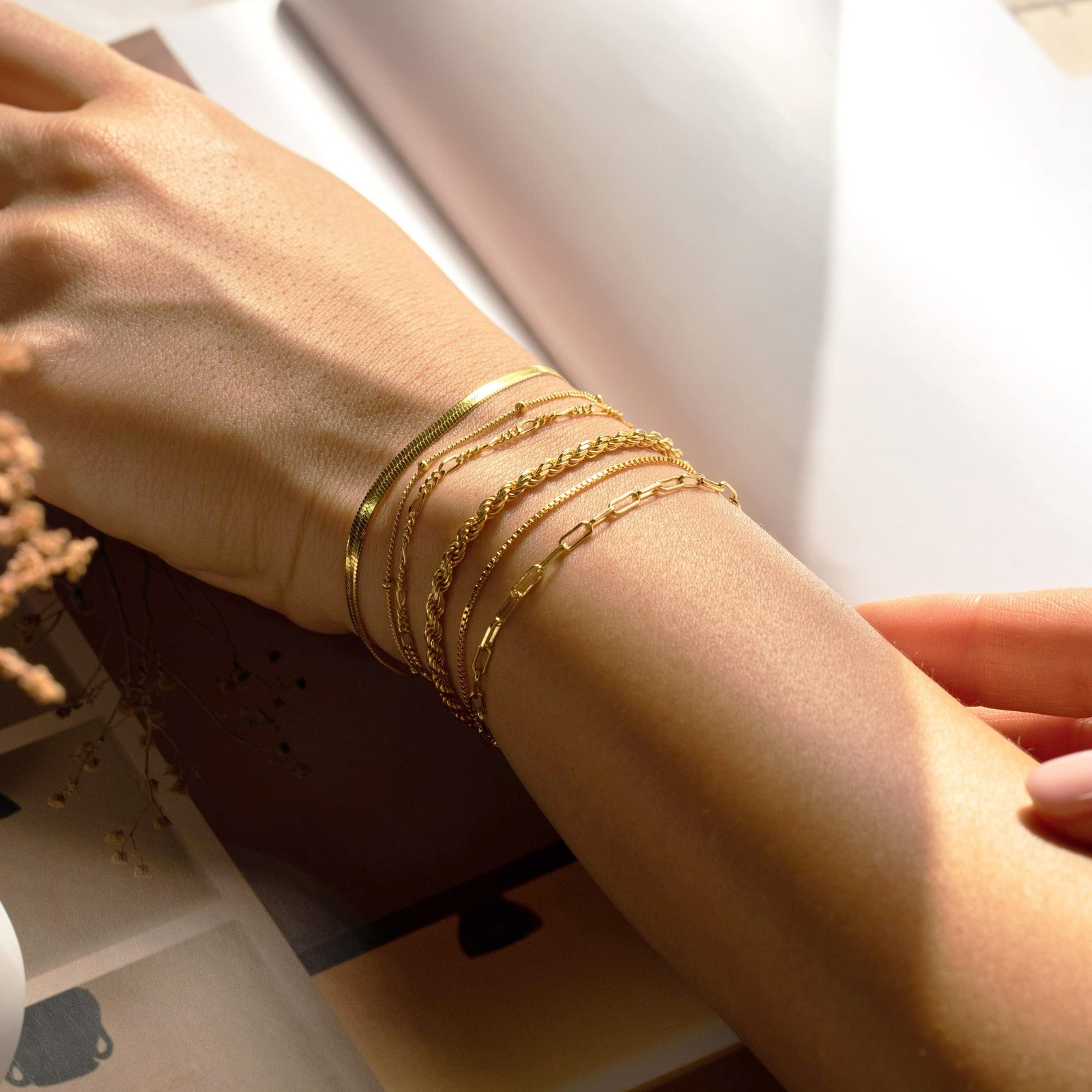 14K Gold Plated Minimalist Chain Bracelet Set for Women Stackable Jewelry