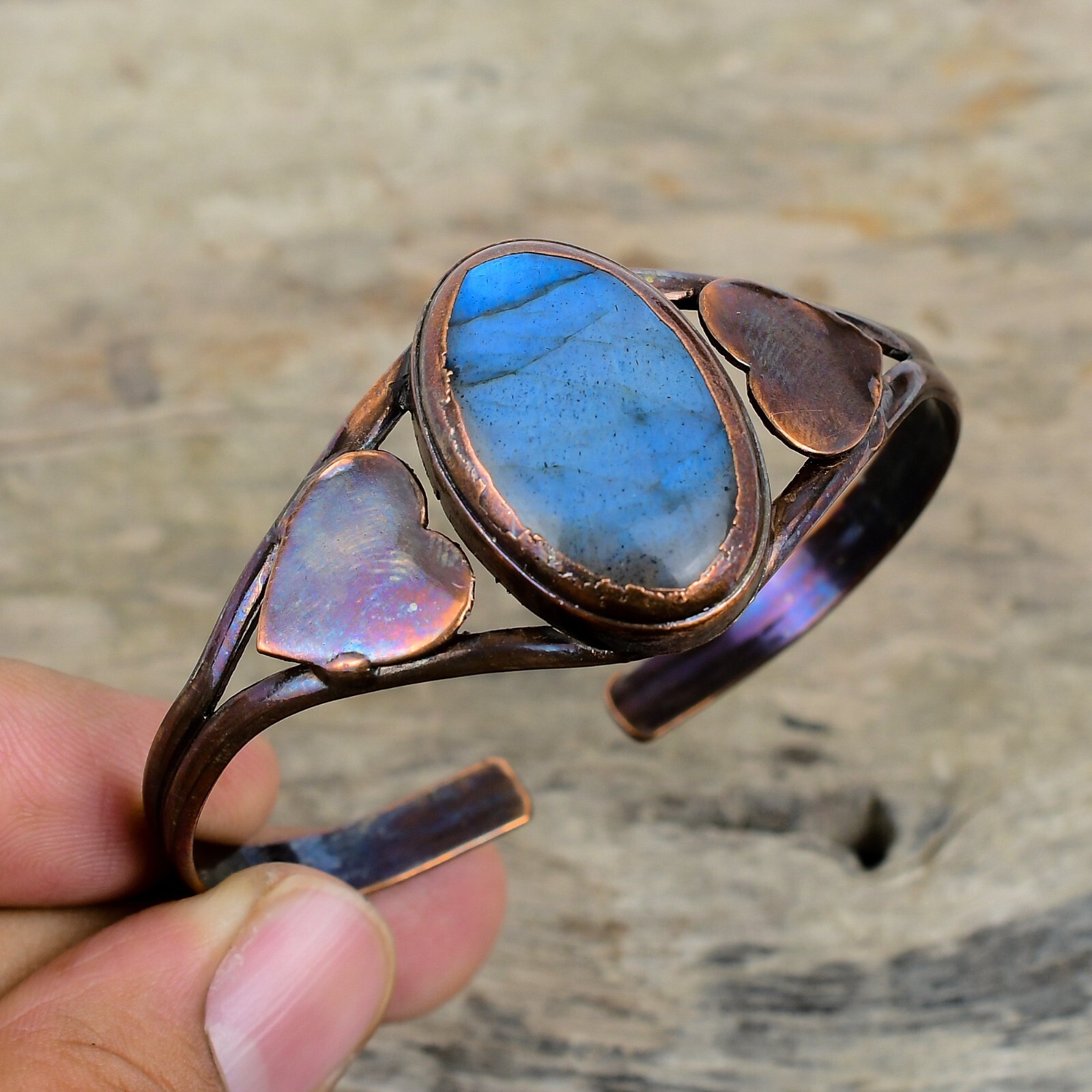 Labradorite Electroformed Heart Adjustable Bangle Handcrafted Copper Partywear
