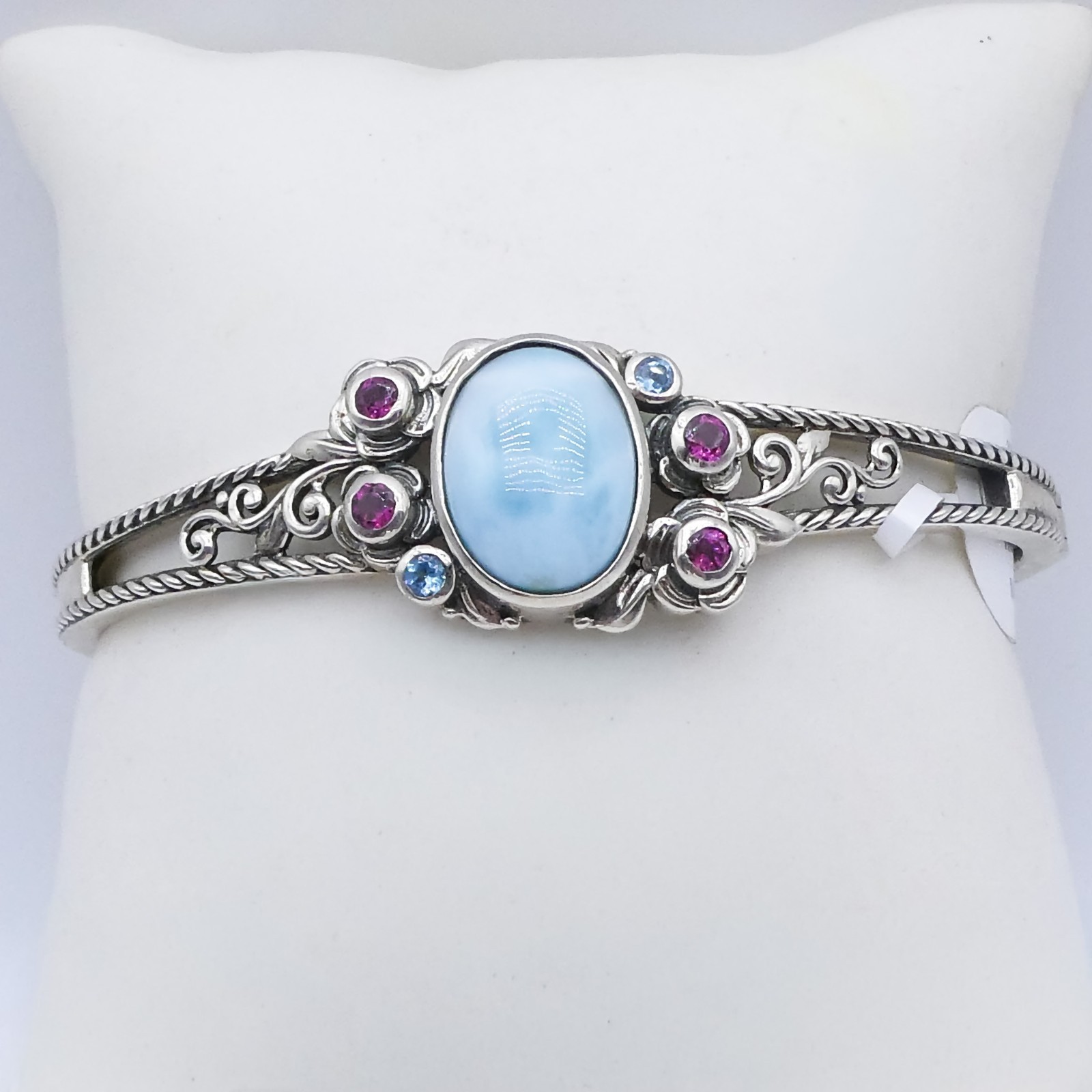 Djoy Larimar Multi Gemstone Filgaree Hinged Cuff Bracelet New 7.25″ Womens