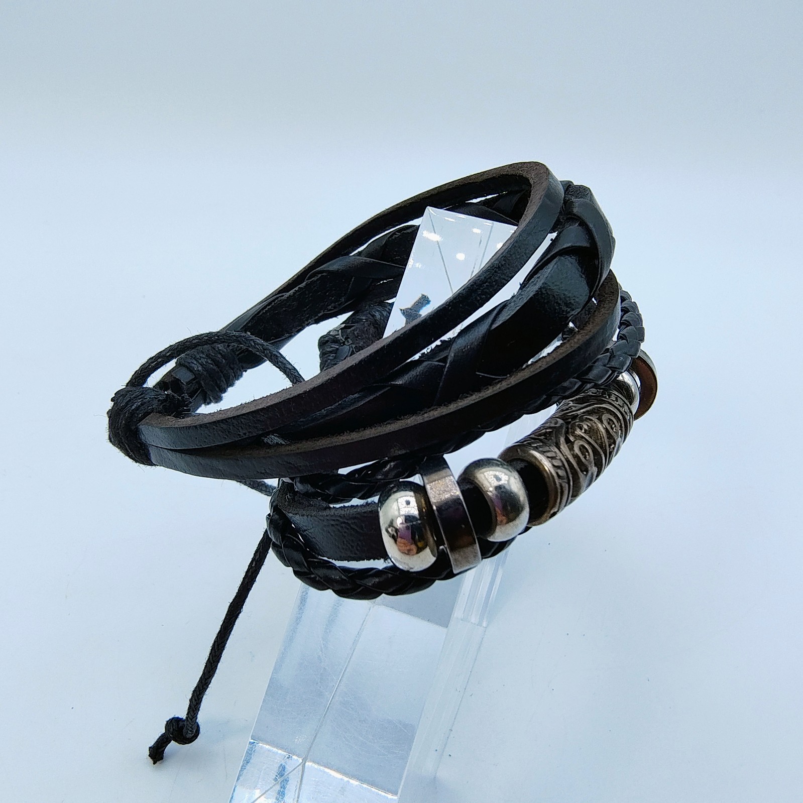 Black Faux Leather Bracelet Set of 2 Silver Tone Scroll Y2K Rock Indie Grunge