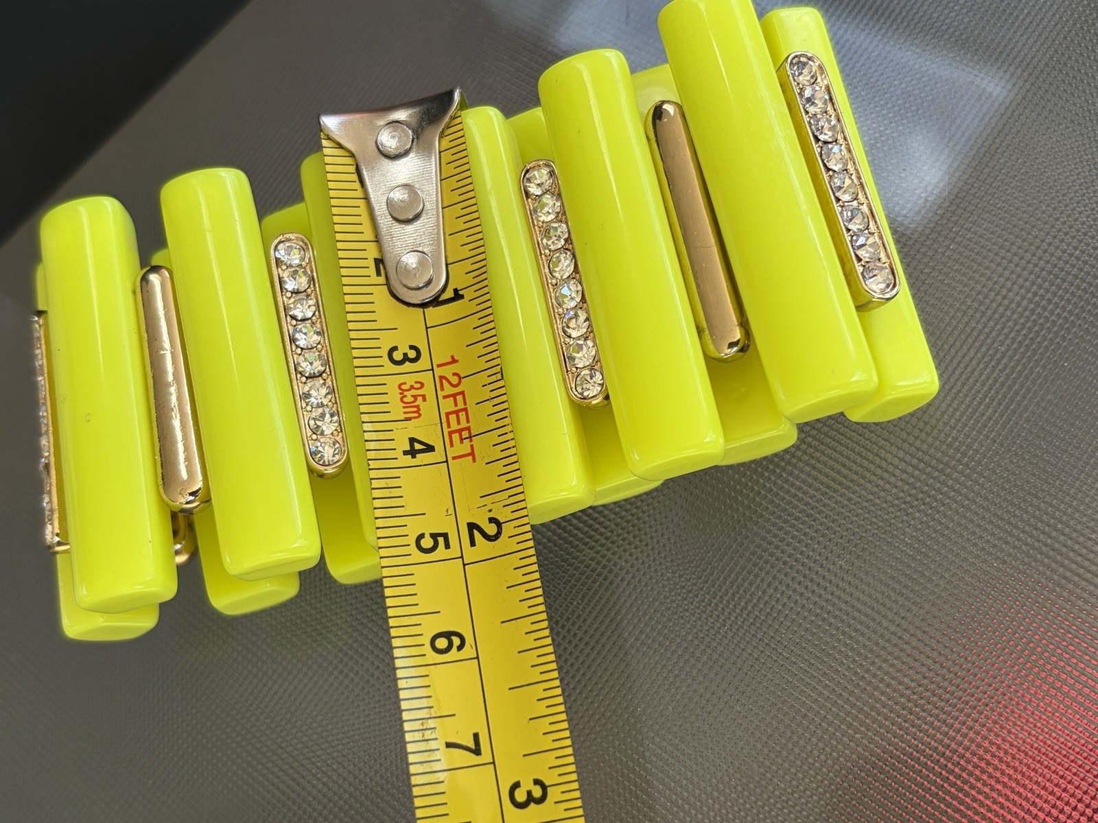 Neon Yellow Lucite Stretch Bracelet Rhinestone Gold Tone Statement Bracelet