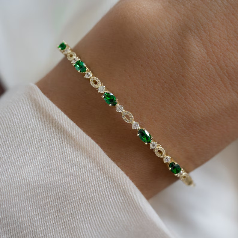 6.50Ct Oval Cut Simulated Emerald Women’s Tennis Bracelet 14K Yellow Gold Plated