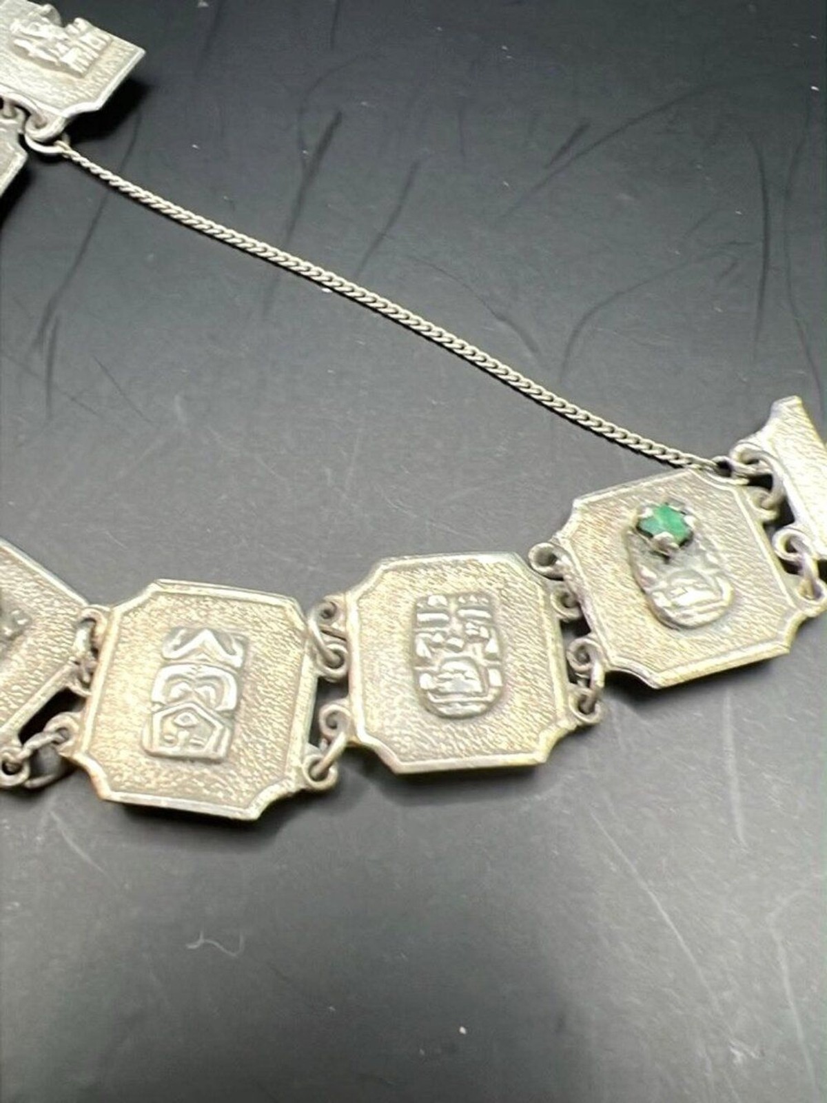 Vintage 900 Silver Colombian Panel Bracelet • Figural Panels • Emerald Inlay • 2