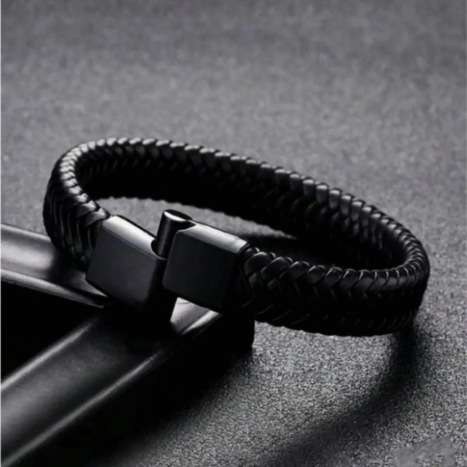 Black Bracelet Men’s Braided Leather Bangle Stainless Steel Cuff Wristband USA