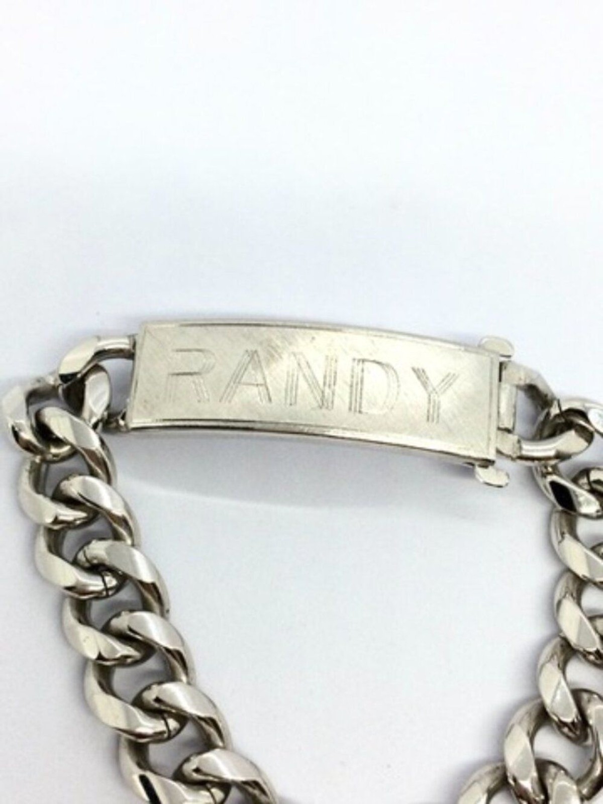 VINTAGE ID BRACELET Slver Tone Curb Chain Randy Name Plate 8 Inch Mens