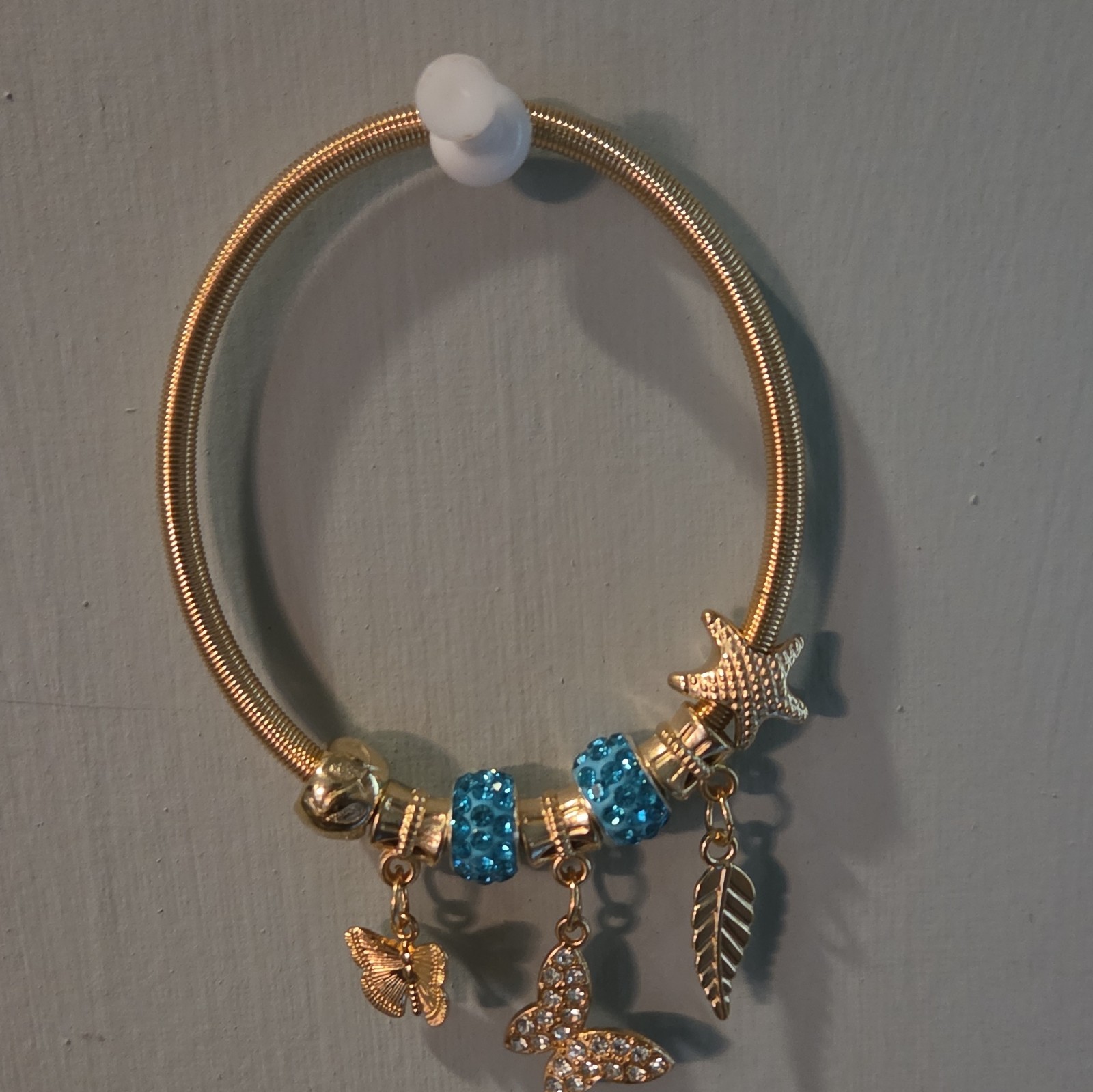 Gold Tone Snake Chain Bangle Charm Bracelet Blue Round Crystals Butterfly Dangle