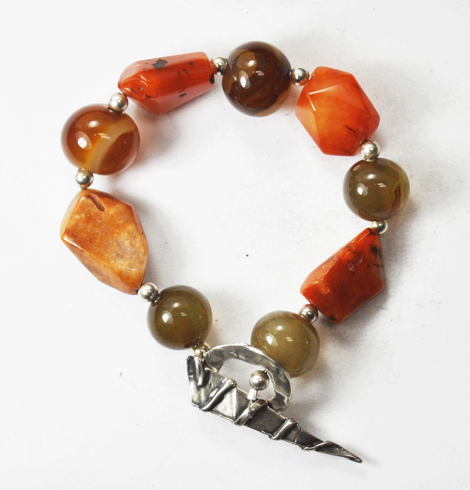 Silver Plate Abstract Clasp Green & Orange Bead Toggle Bracelet 16mm 7.5″