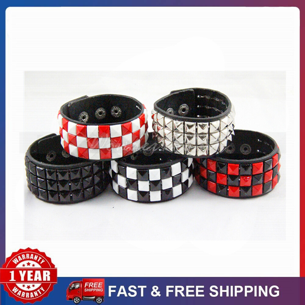 Metal Multicolor 3 Row Pyramid Leather Bracelet Studded Thrash Rockabilly Punk