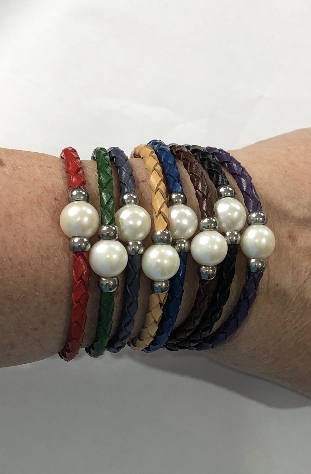 Braided Bracelet Faux Leather Wrap Multicolor Pearl Adjustable – Lot of 8