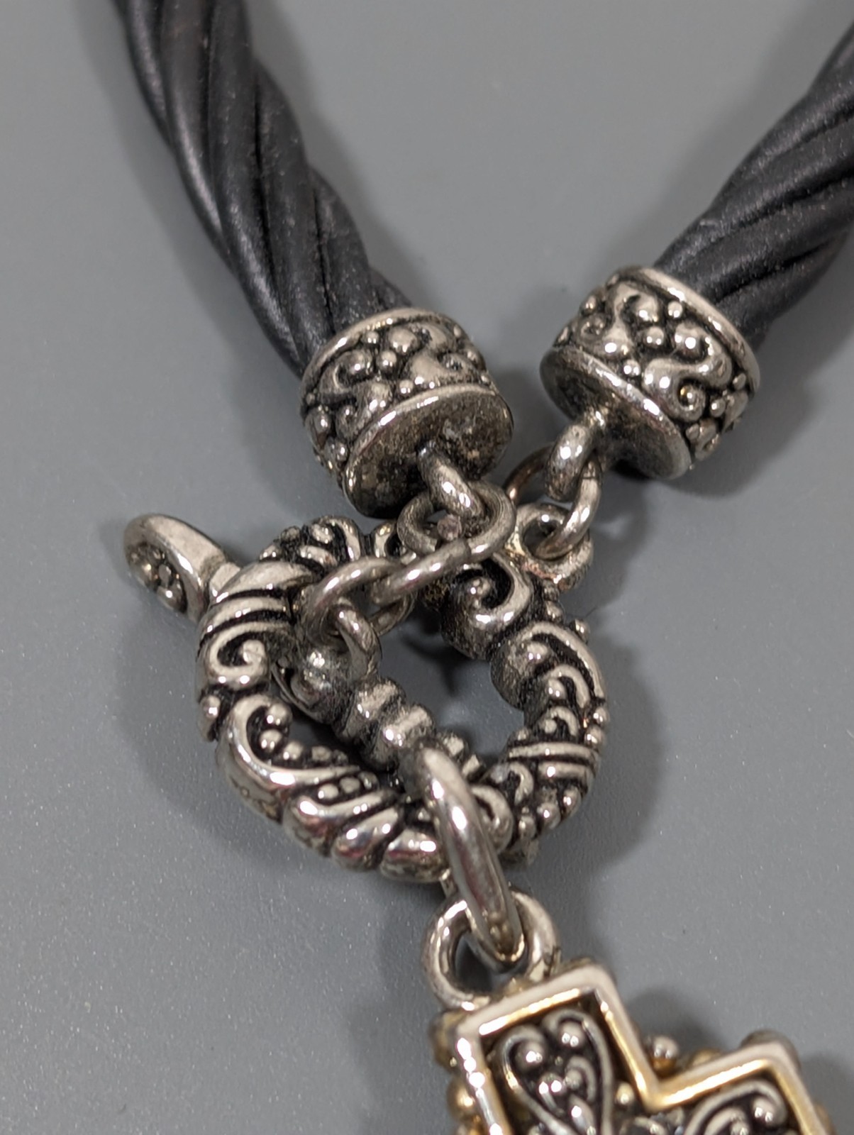 Black Multi Cord Two Tone Bali Style Cross Charm Toggle Bracelet 6.5 inch