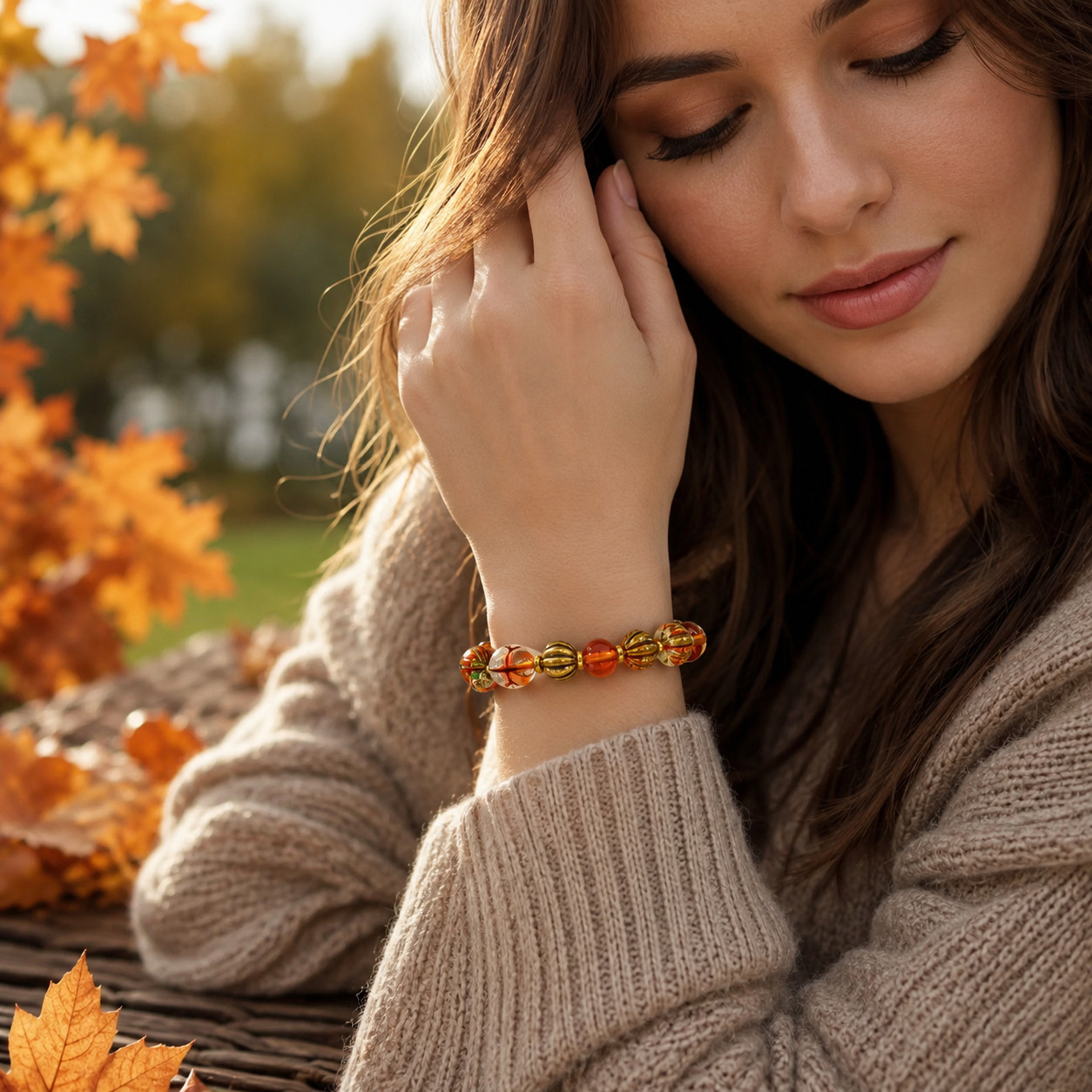 Fall Bracelet Pumpkin Maple Leaf Harvest Jewelry Beaded Gold Orange Brown