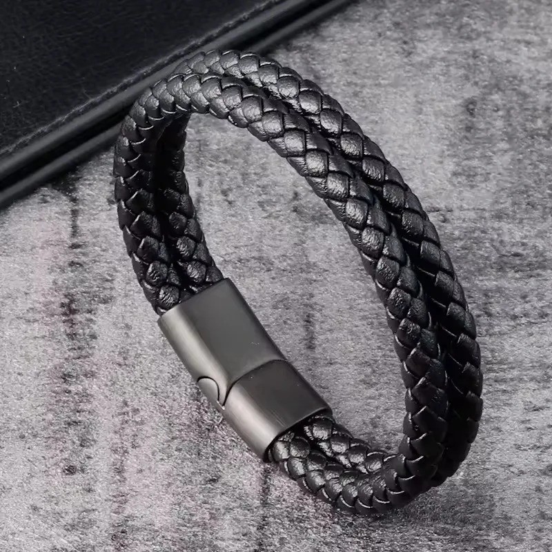 Leather Wrap Bracelet Men’s Double Layer Handwoven Wristband Everyday Wear Gift