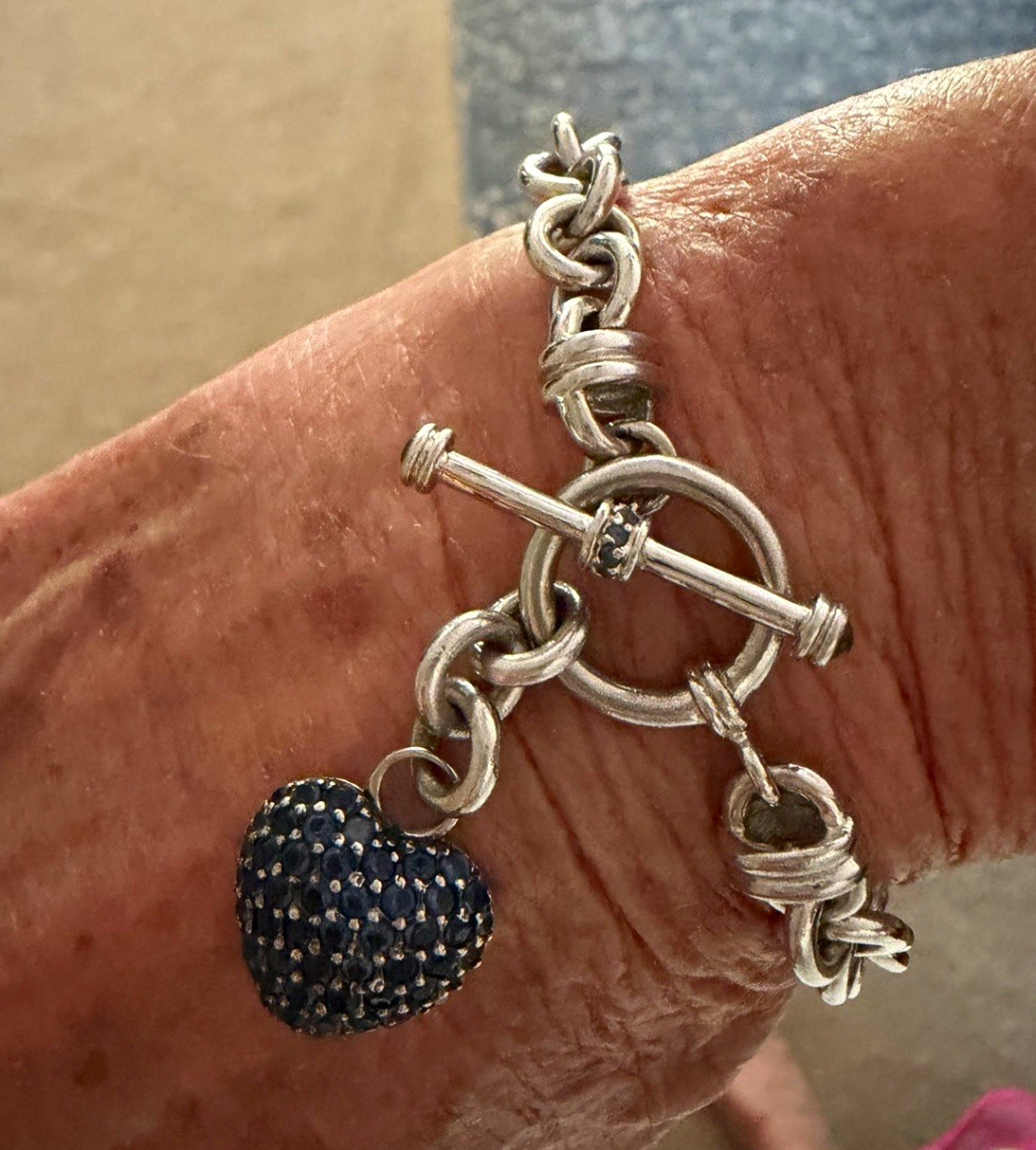 Silver 926 Cable Chain Toggle Bracelet Blue Pavé Sapphire Heart Dangle Charm