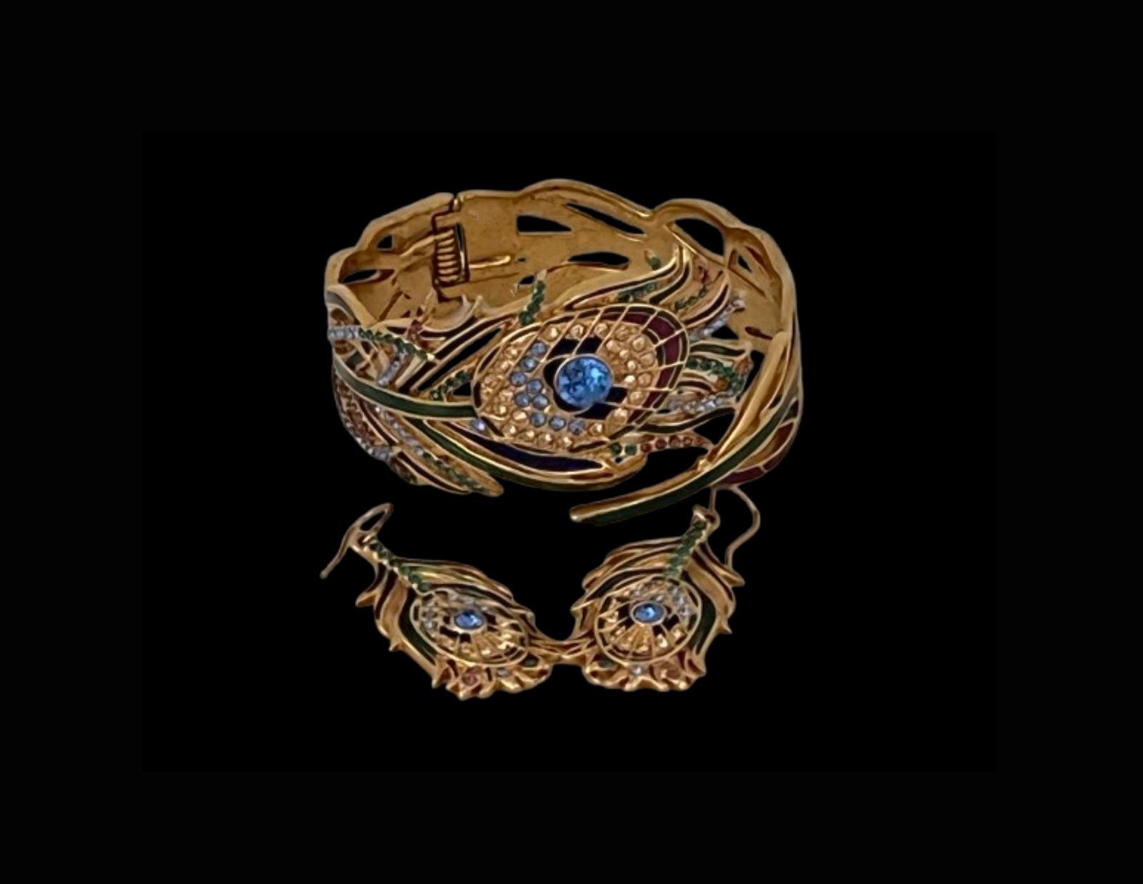 Peacock Feather Set , 18K Gold Overlay Czech and Austrian Crystals, MMA