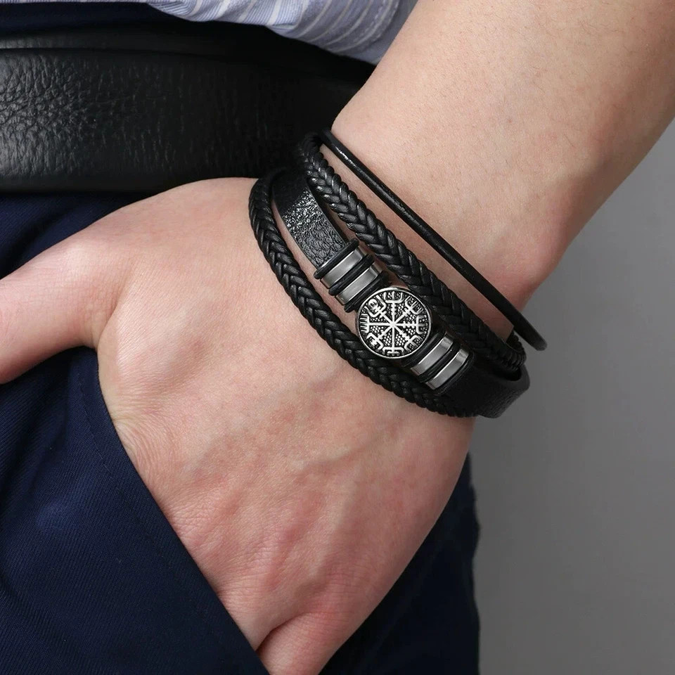 Men Multilayer Compass Braided Leather Stainless Steel Magnetic Bracelet Bangle