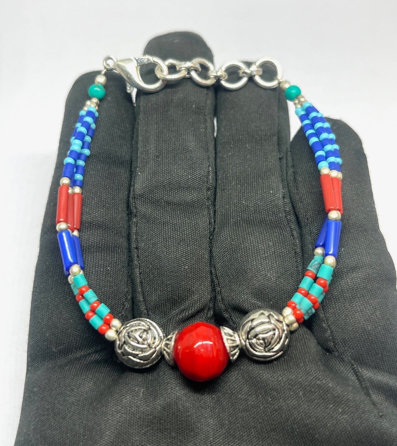 Red Coral Gemstone Tibetan Style Handmade Bracelet Jewelry, 7.0 Inch Adj