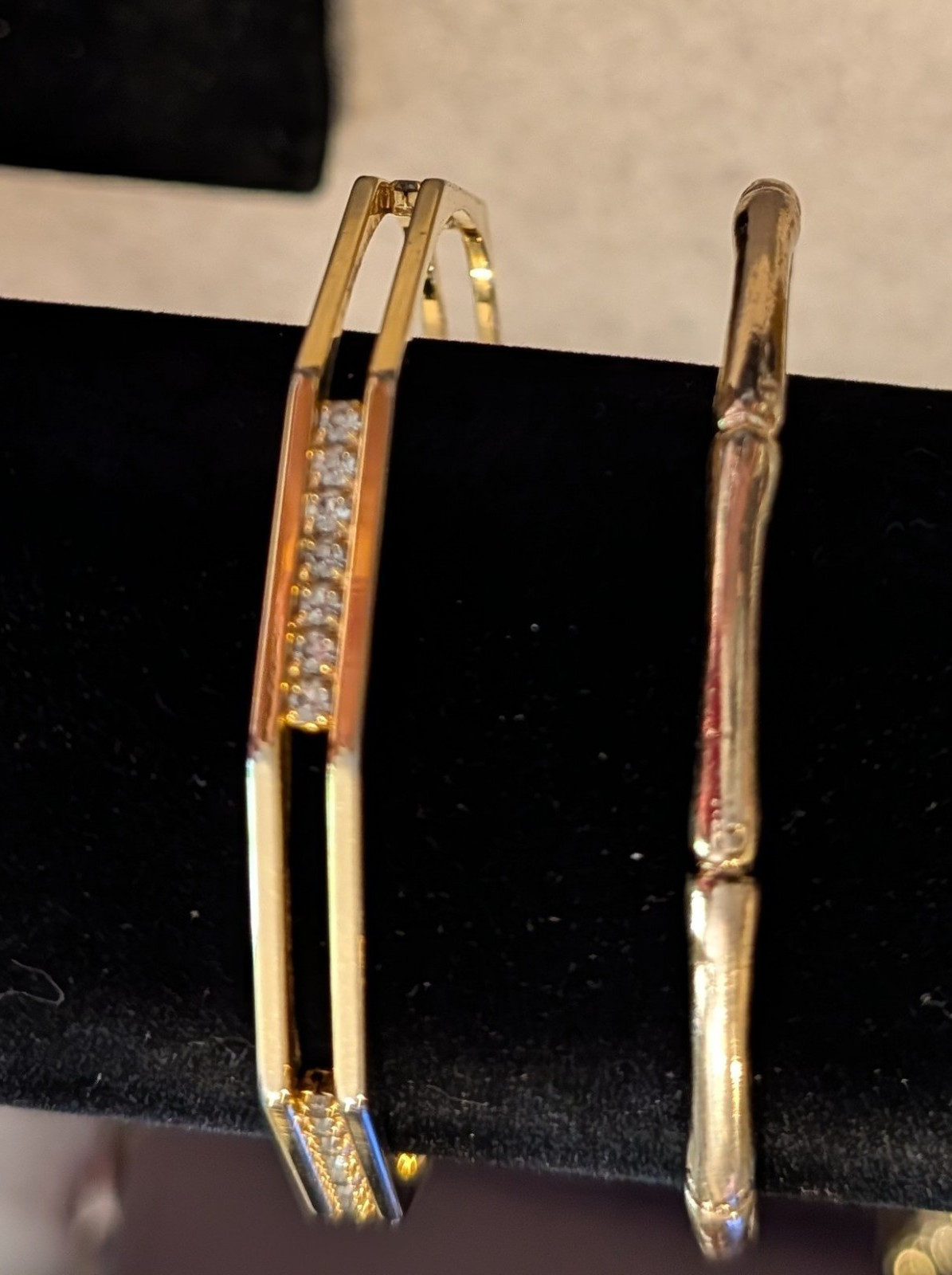 Lot of 2 Gold Tone Hinged Bangle Bracelets Channel-Set Clear Crystal Stackable