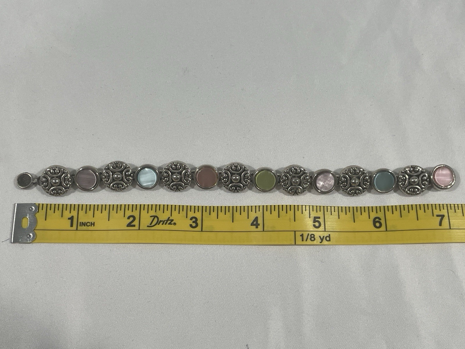 Silver Tone Multicolor Round Cabochon Link Bracelet 7 in Bezel Magnetic Clasp