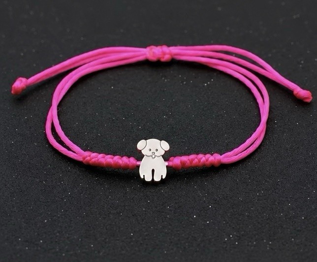 Adjustable Pink Cord Bracelet w/ Dog Dangle Charm Slide Closure