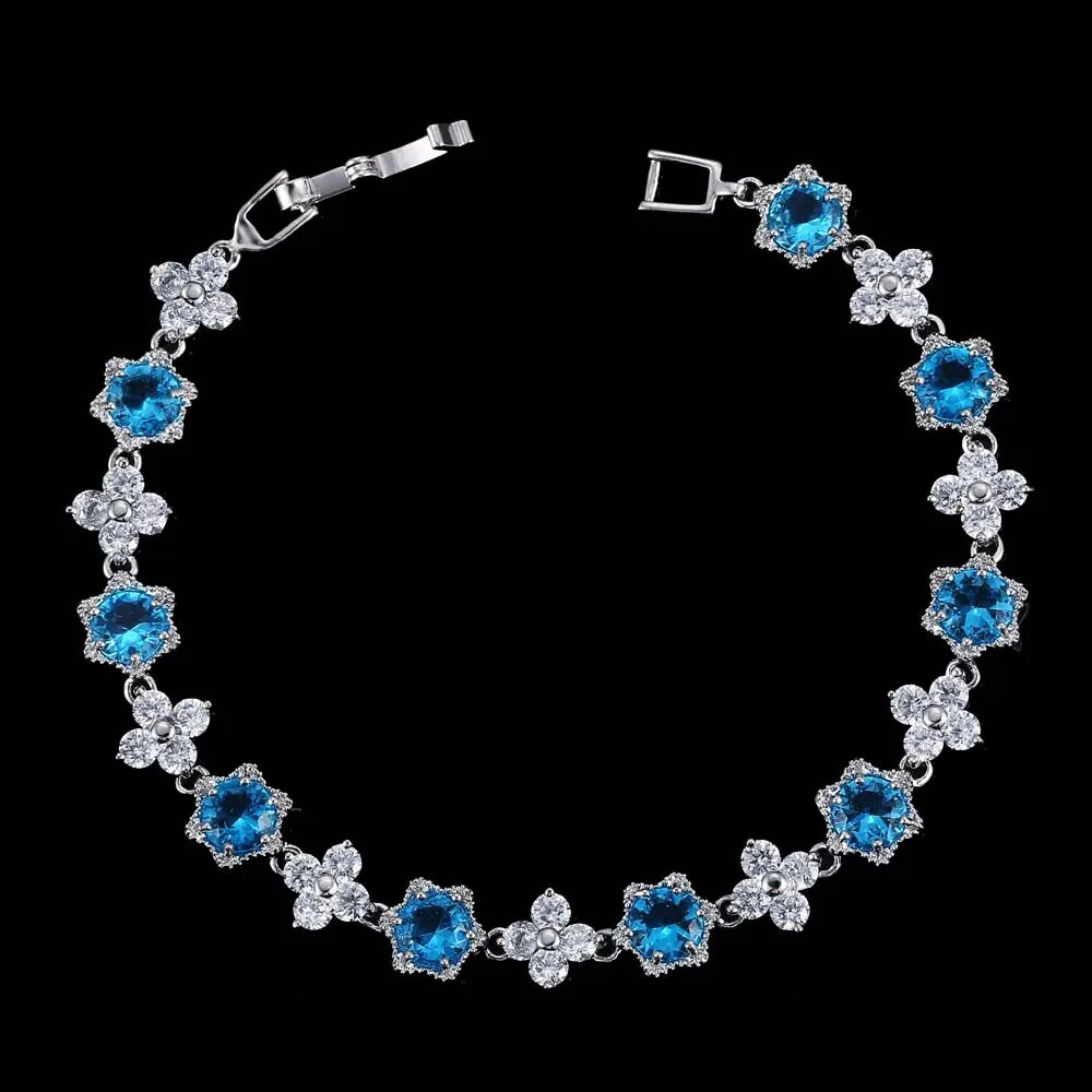 Silver Plated Cubic Zircon Green Flower Star Charm Bracelet Women Party Jewelry