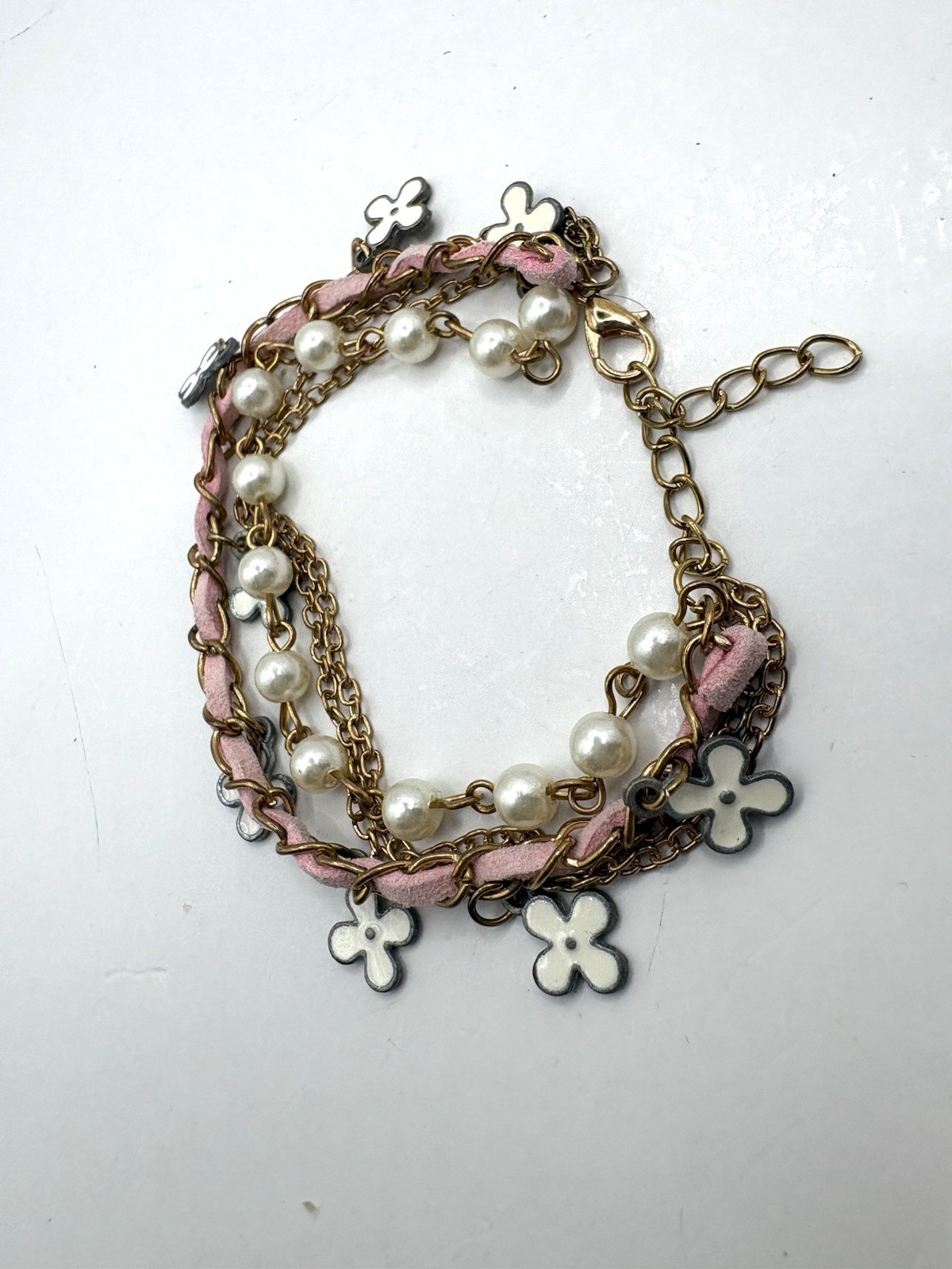 Multi Chain Layered Bracelet Gold Tone Enamel Flowers Pink Leather 7”