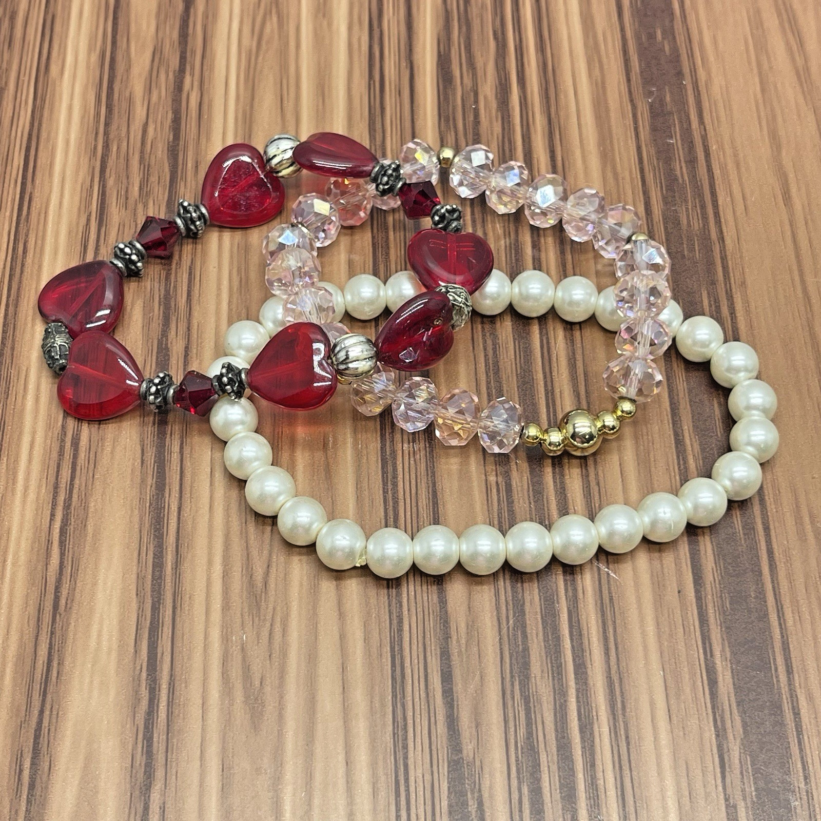 3 Stretch Bracelets-Red Glass Hearts/Faux Pearl/Pink Glass Beads
