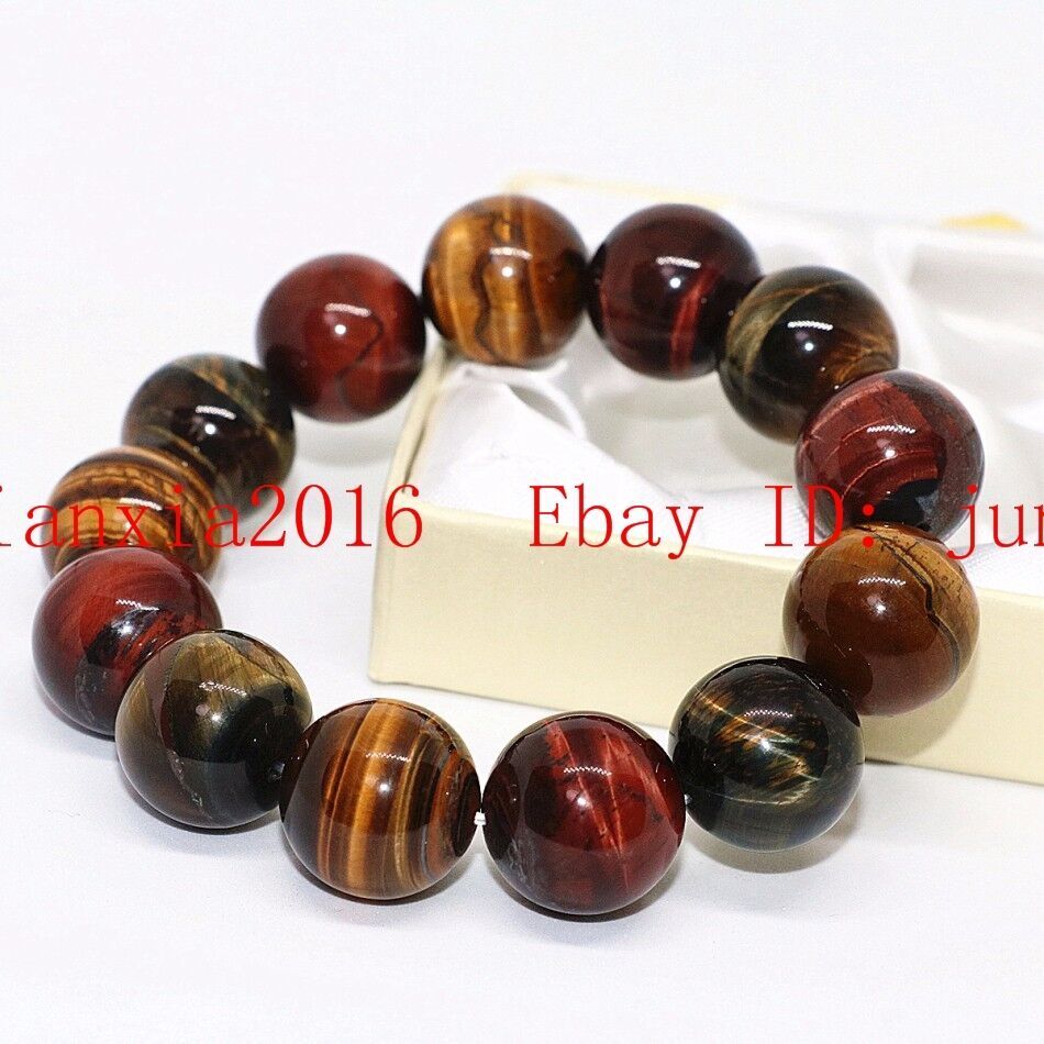 Huge 16mm Yellow Red Roar Tiger’s Eye Gemstone ROund Bracelet 7.5”