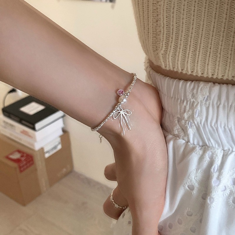 Women’s Elegant Pink Heart Bow Pendant Bracelet Alloy Bracelet Fashion Jewelry