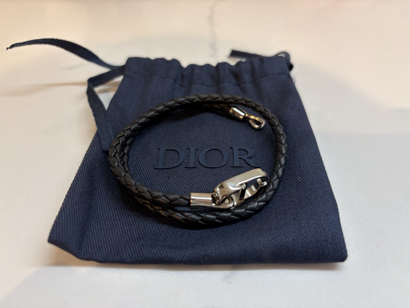 Authentic Christian Dior Men’s CD Icon Braided Leather Double Bracelet Black