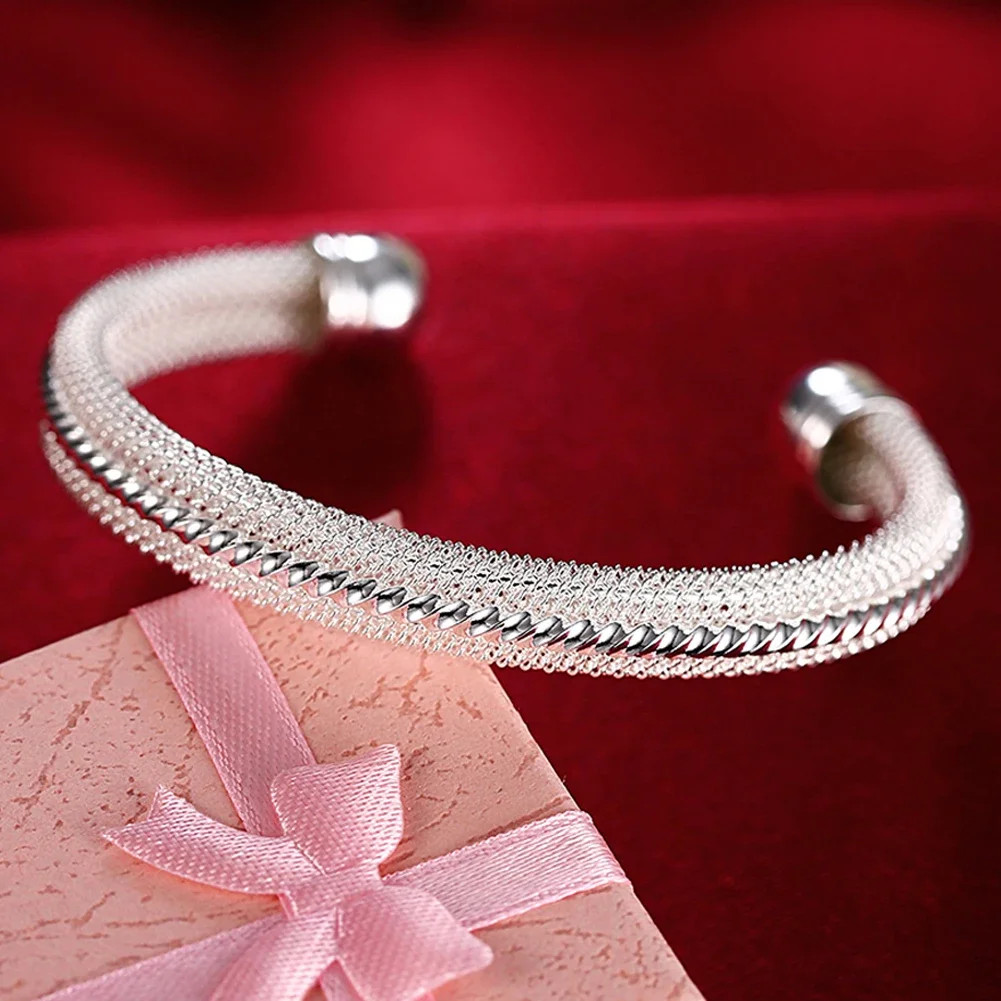 925 Sterling Silver Bracelet Open Cuff Adjustable Charms Bangle Women 1 Pc
