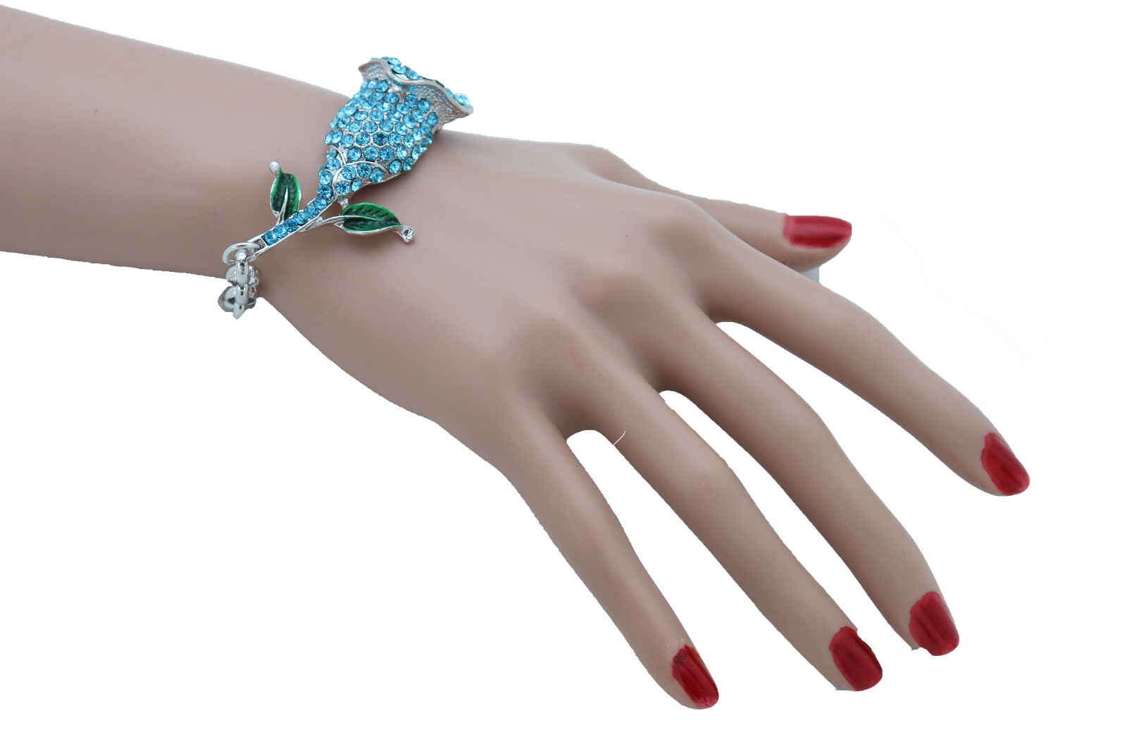 Sexy Women Silver Gold Metal Chain Red Pink Blue Flower Bracelet Elegant Jewelry