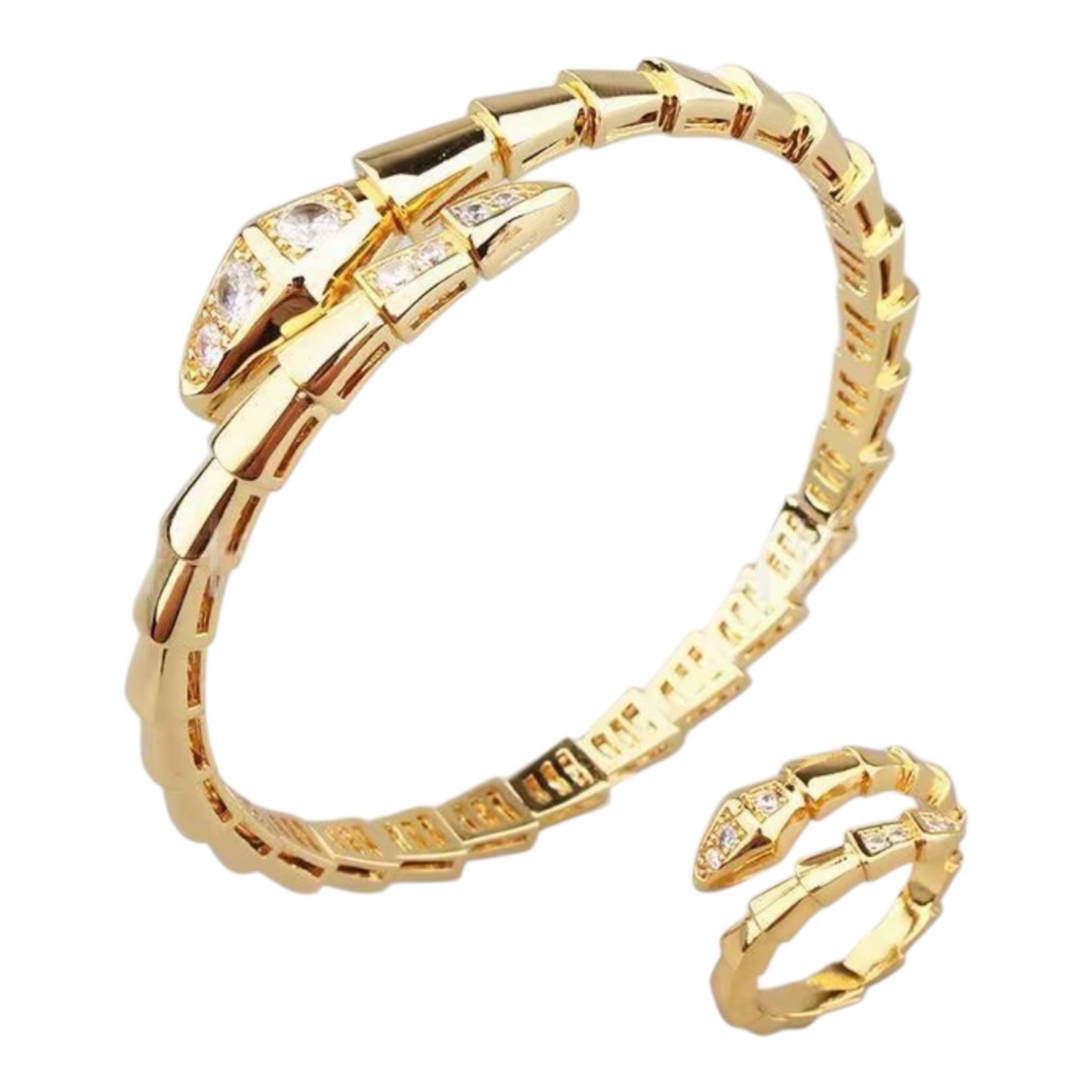 Gold Snake Bracelet & Ring Set Adjustable Crystal Serpent Bangle