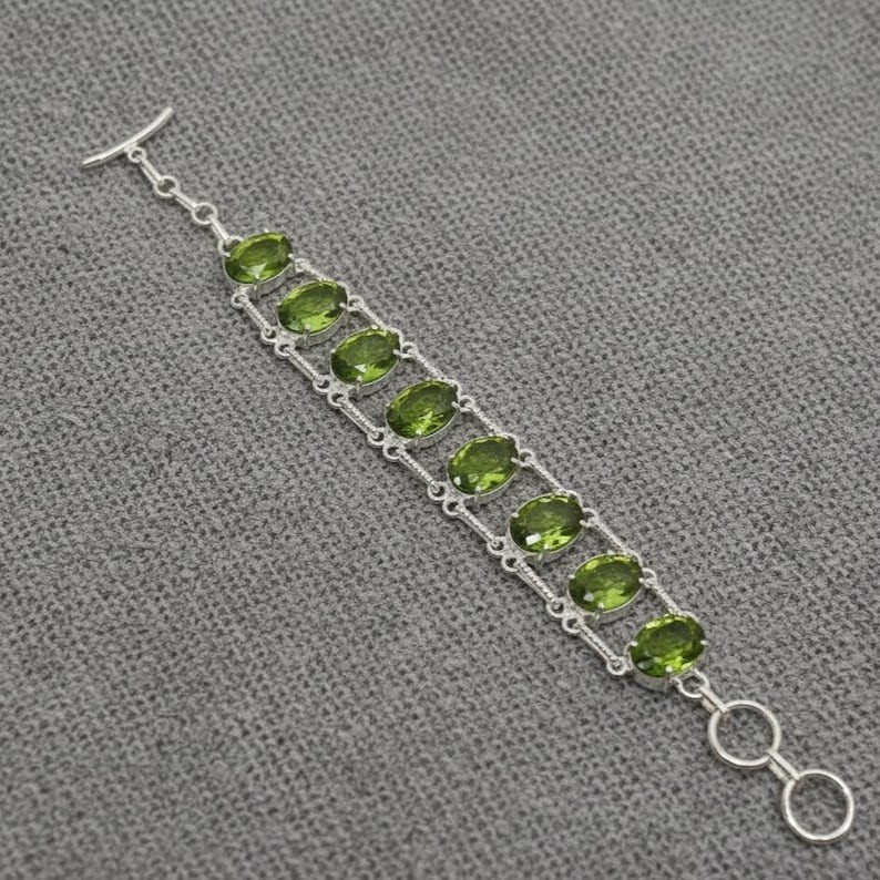 Peridot Link Bracelet, Bright Green Oval Faceted Stones With Silver Tone Clasp