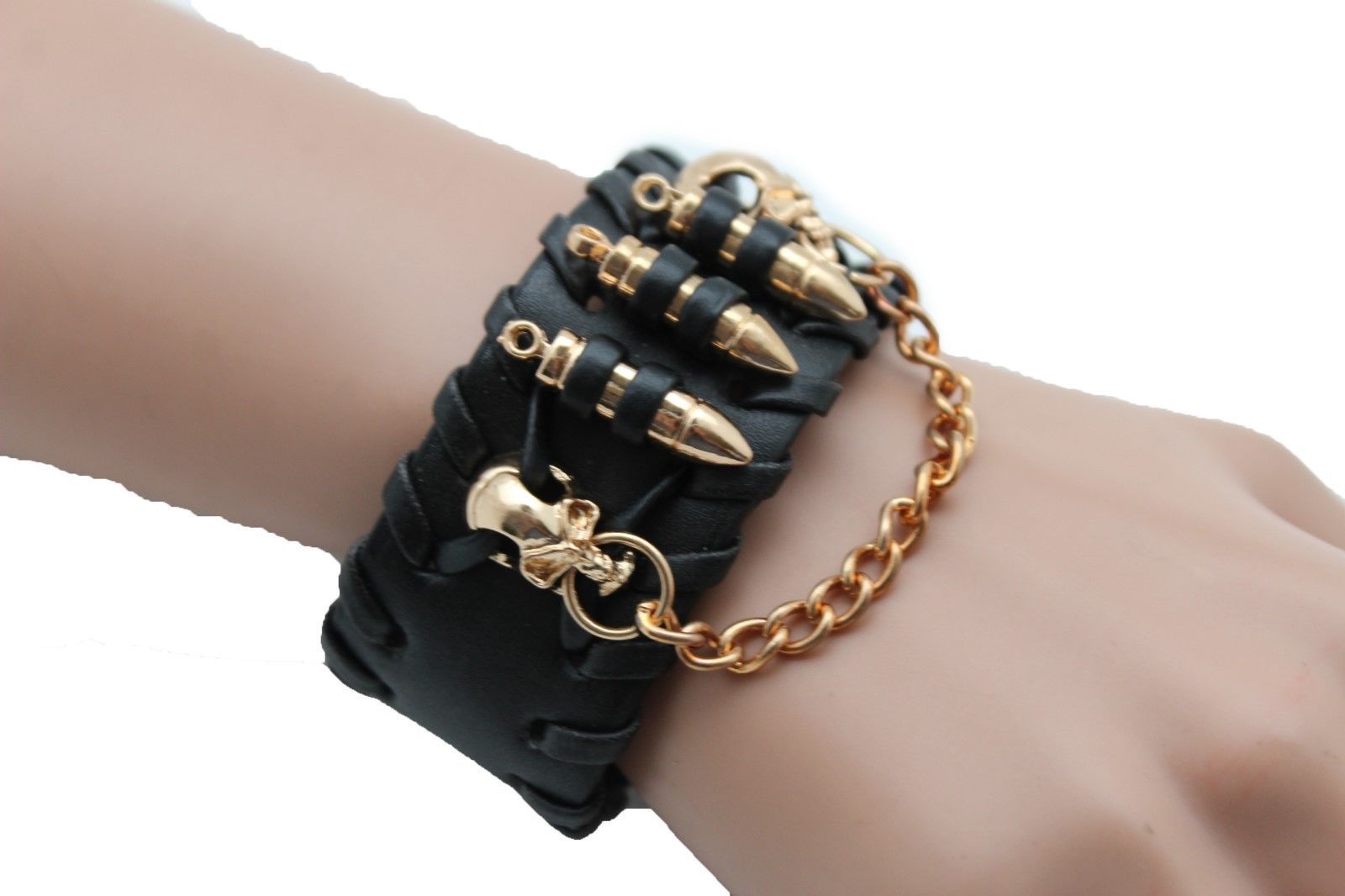 Women Black Faux Leather Bracelet Fashion Gold Metal Chain Mini Skull Bullet Gun