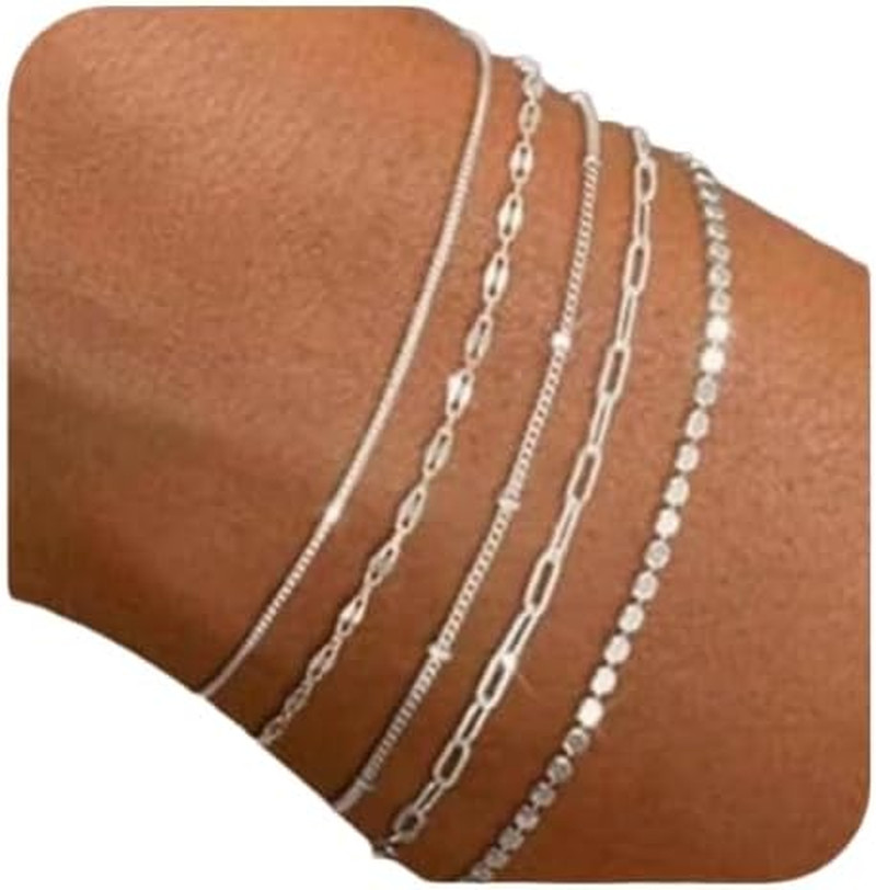 Silver Bracelet Set – Dainty Silver Bracelets for Women, 5 Packs, Waterproof Wom
