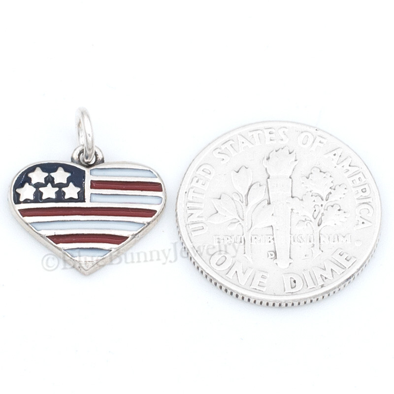United States Flag Charm Pendant 925 Sterling Silver Enamel US Heart charm .925
