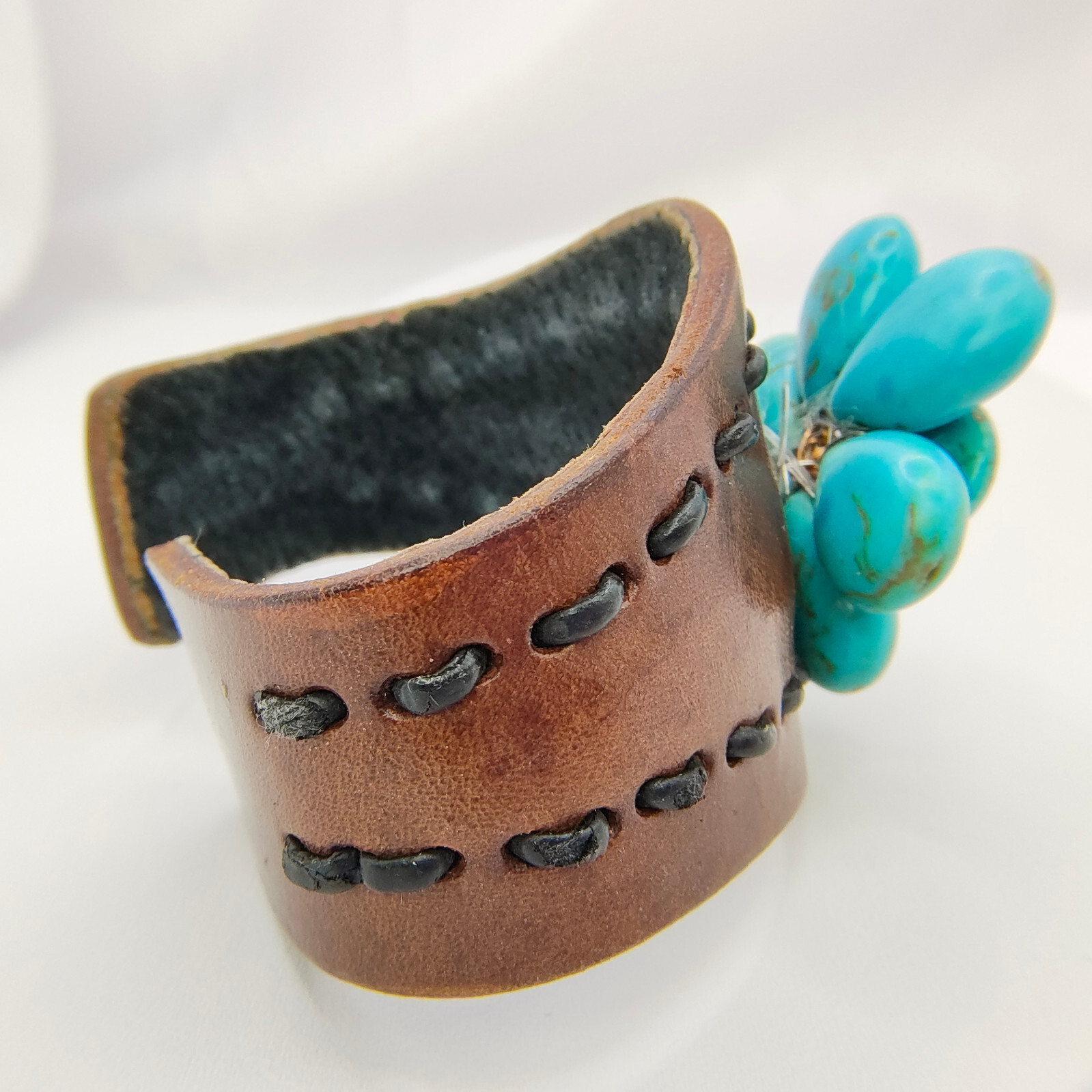 Leather Faux Turquoise Flower Cuff Bracelet Bohemian Ecclectic Statement