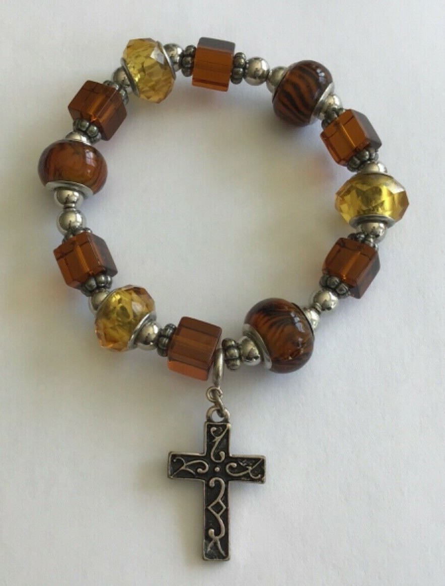 Silver Tone Cross Charm Multi Bead Yellow Orange Brown Color Stretch Bracelet