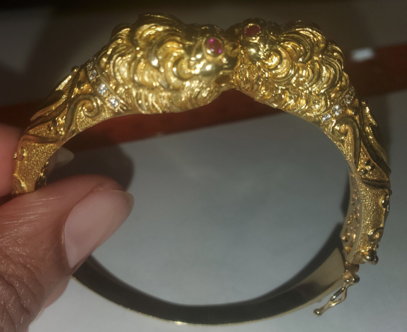 22K Gold-plated 925 Sterling Silver Lion Cuff Bracelet, Red Cubic Zirconia Eyes
