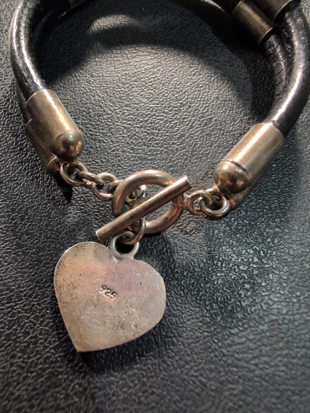 Heart Charm 925 Toggle Clasp Four Station Bracelet Black Cord 6.5 inch