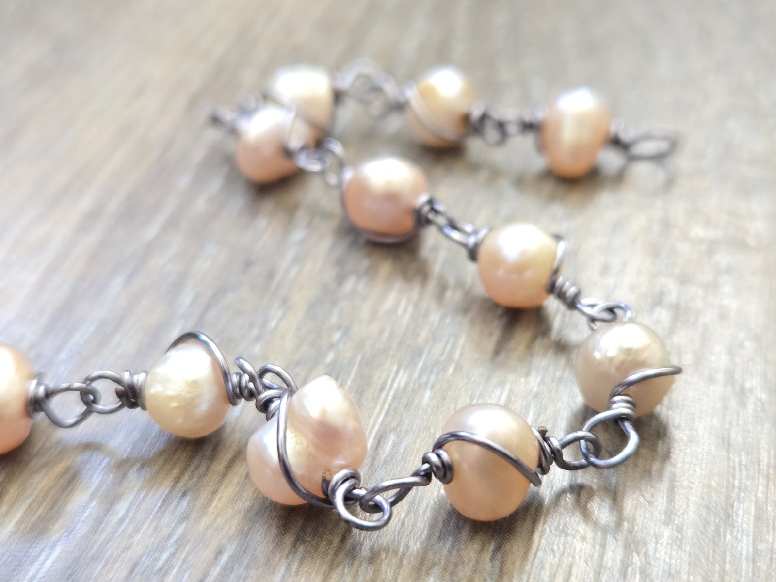 New pearl oxidized silver plated double wire wrap handmade bracelet, 8in, 8.42g