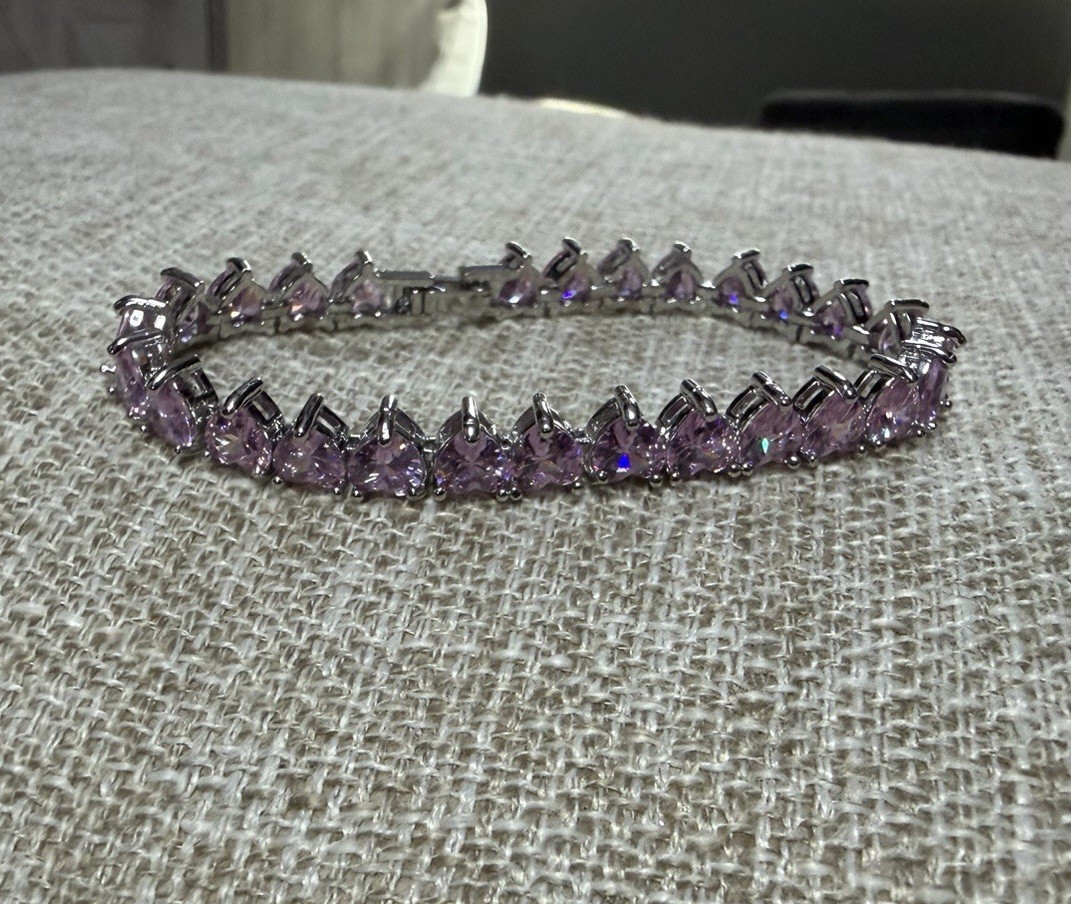 Silver Tone Tennis Bracelet, Purple Heart Crystal Stones, Box Clasp Closure