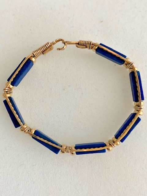 Blue Lapis Lazuli Rolled Gold Wire Bracelet Size Small 6 inch