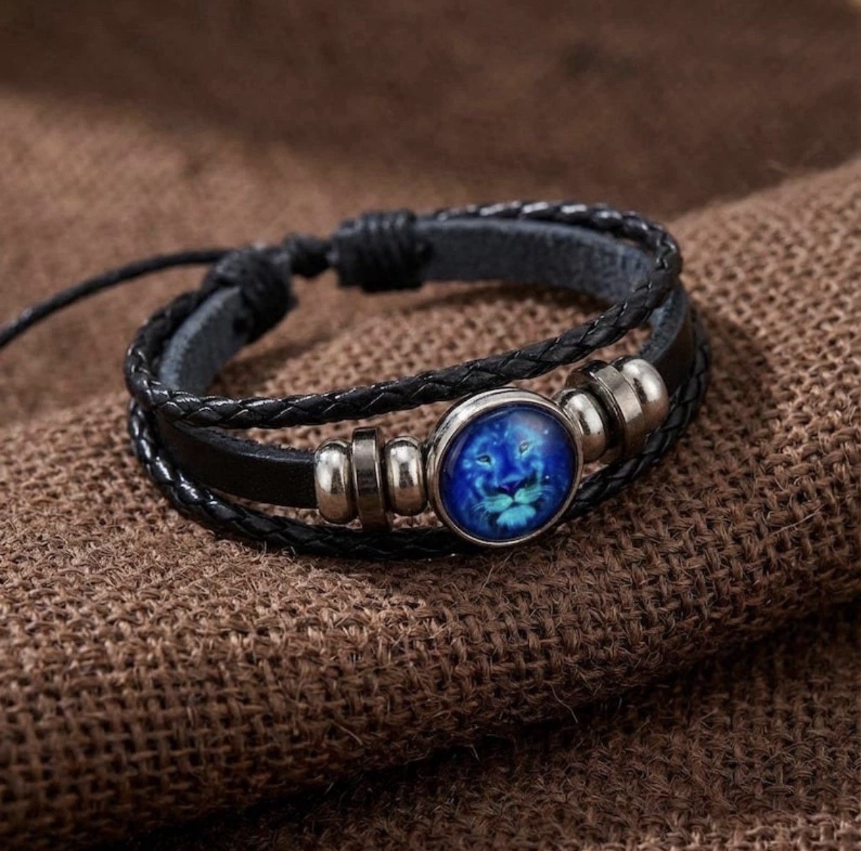 Leo Zodiac Bracelet, Adjustable Leather Wristband With Leo Symbol Cabochon