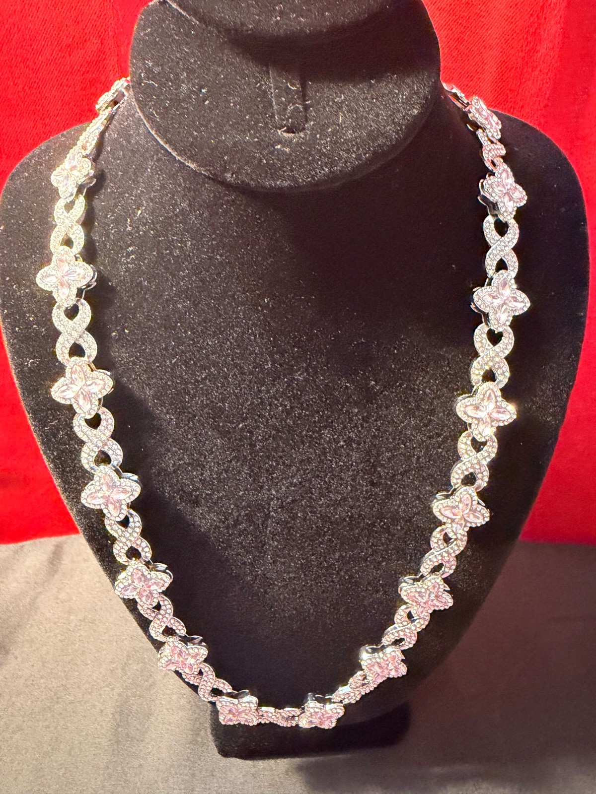 Synthetic Gemstone 5A Cz Clover Chain and bracelet Sliver plated pink stone