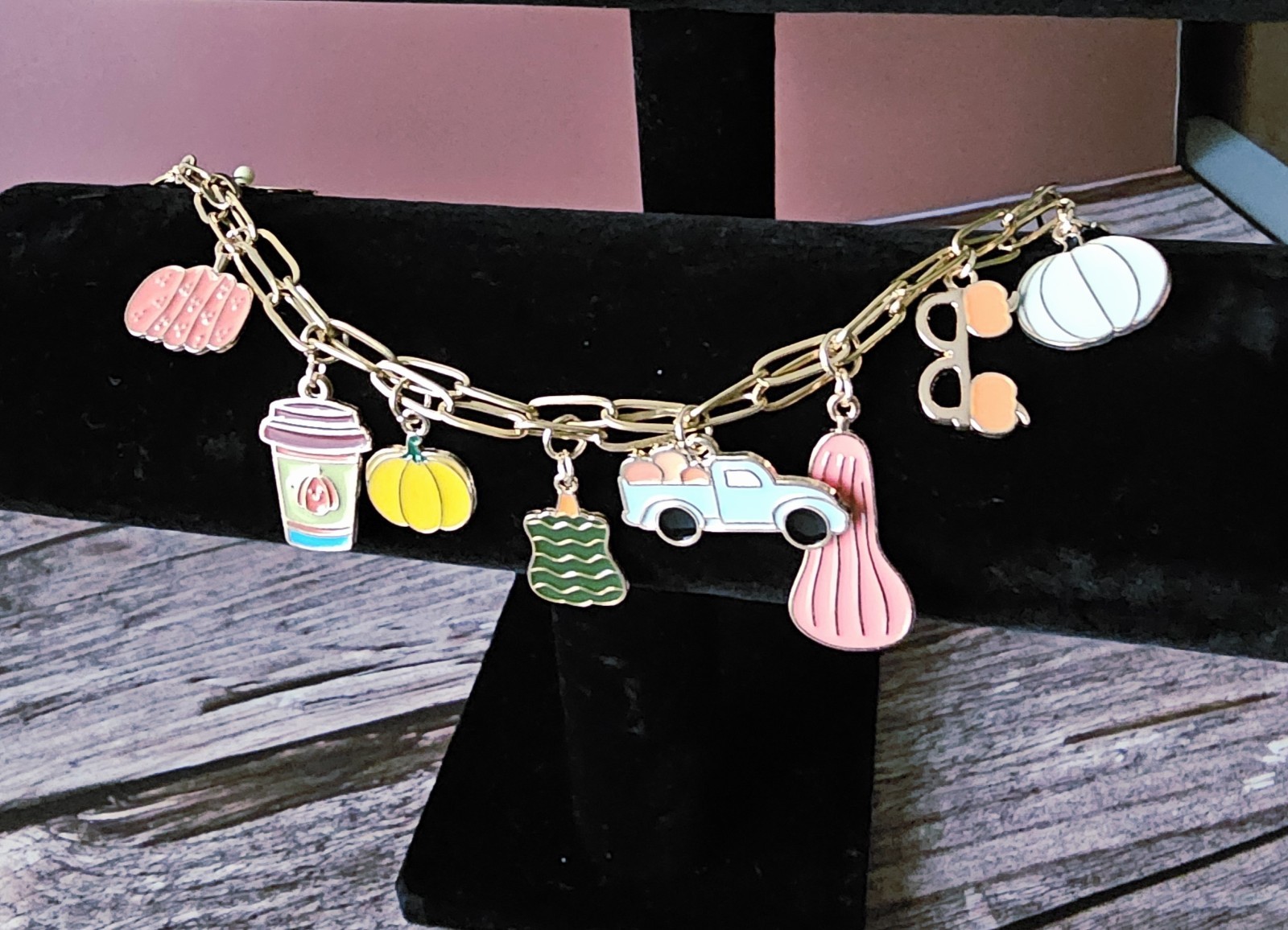 Fall Charms On Gold Double Paperclip Chain Bracelet 7″ *Adjustable* Lobster Hook