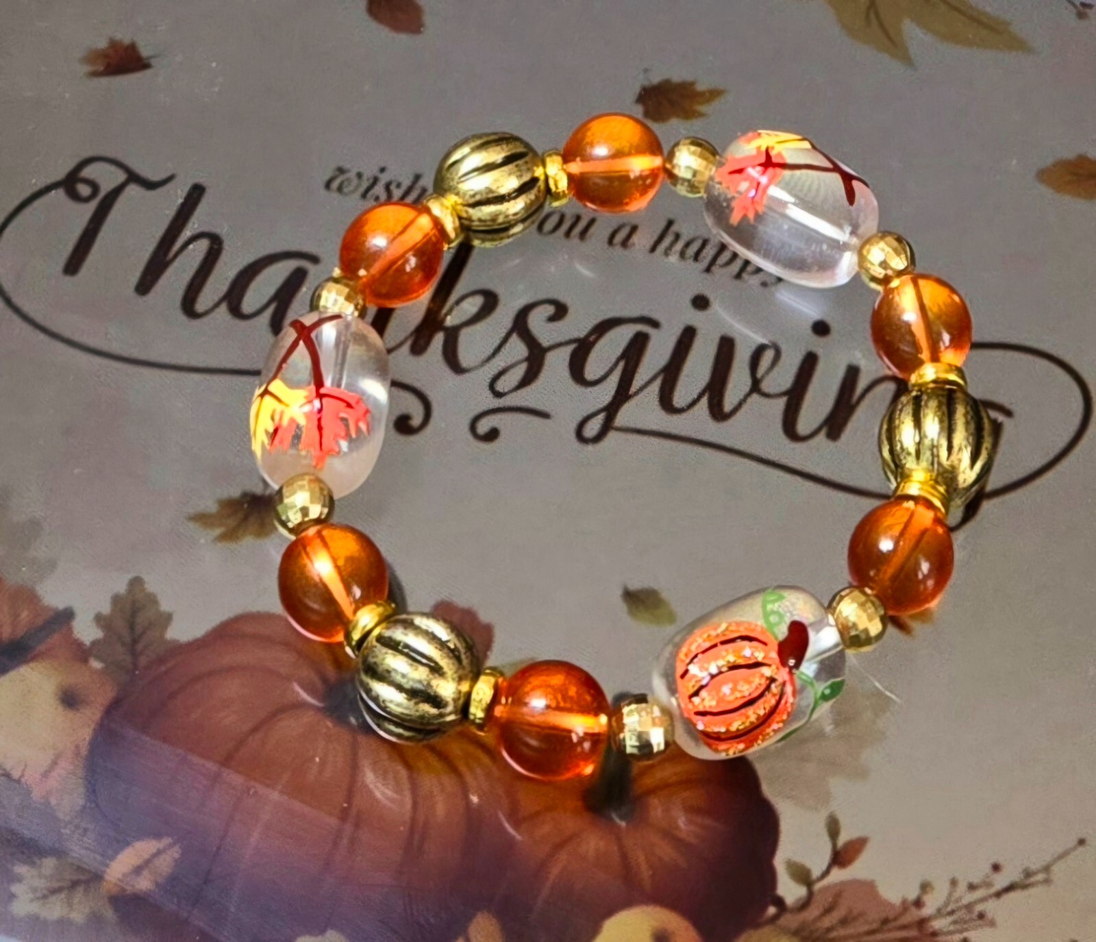 Fall Bracelet Pumpkin Maple Leaf Harvest Jewelry Beaded Gold Orange Brown