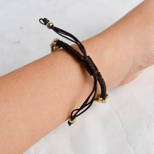 Boho Pale Pink Tan Stones Gold Beads Cluster Bracelet Adjustable Brown Pull Cord